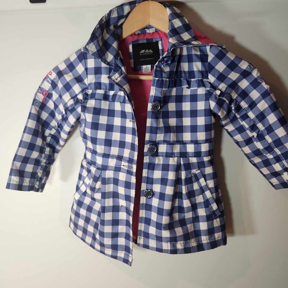 London Fog 4T blue plaid ruffled flowered raincoat with pink interior